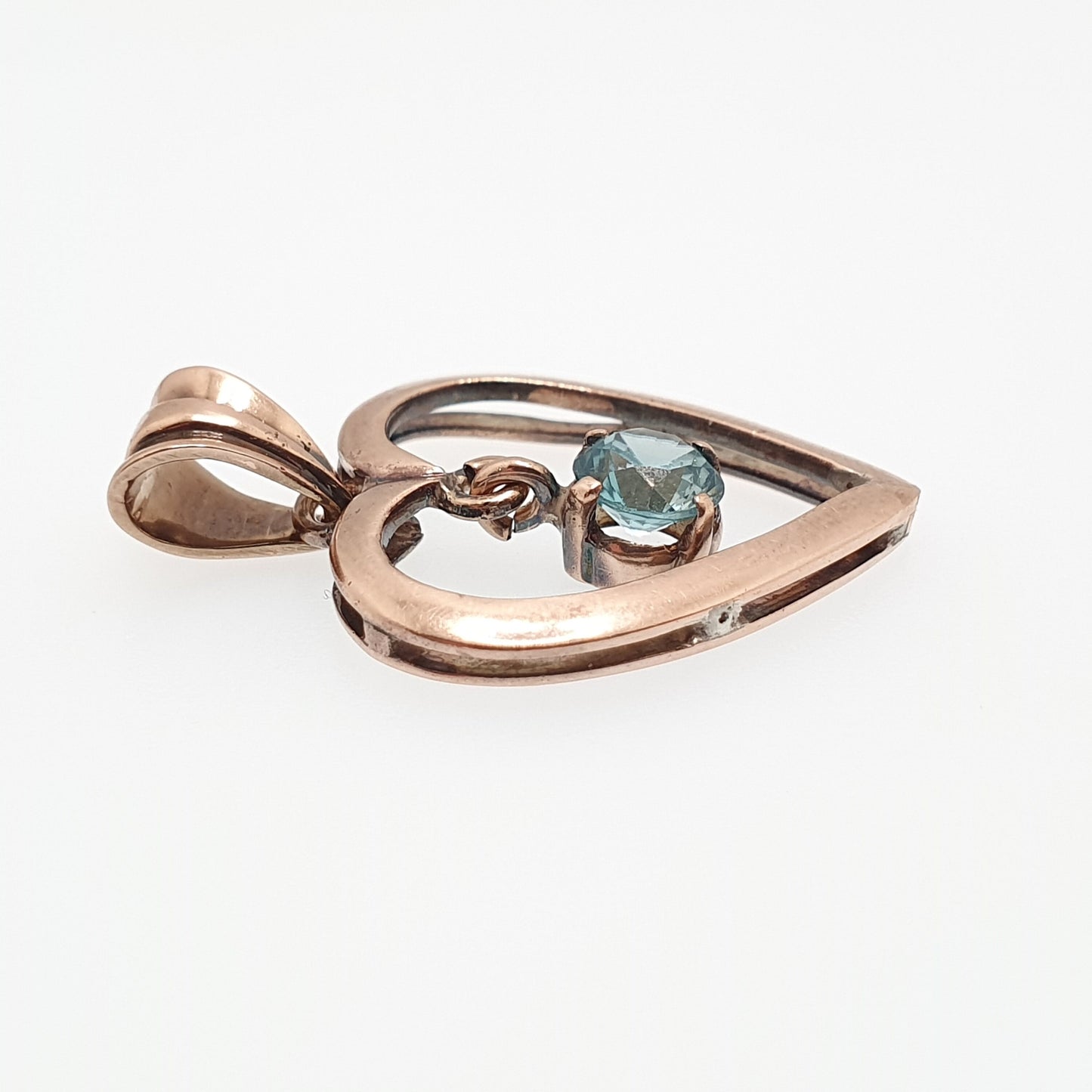 Antique 9ct 9k Rose Gold Heart Aquamarine Topaz Necklace Pendant Blue Swiss Topaz 1910s Gemstone Solid 375 Vintage Womens Jewellery Jewelry