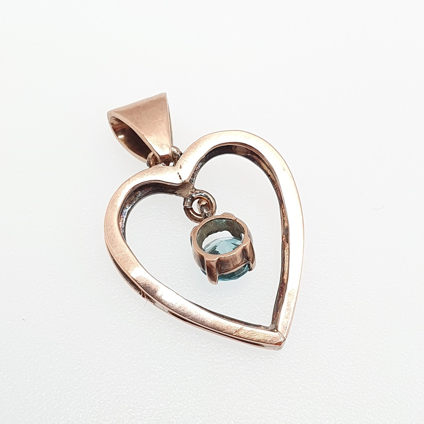 Antique 9ct 9k Rose Gold Heart Aquamarine Topaz Necklace Pendant Blue Swiss Topaz 1910s Gemstone Solid 375 Vintage Womens Jewellery Jewelry