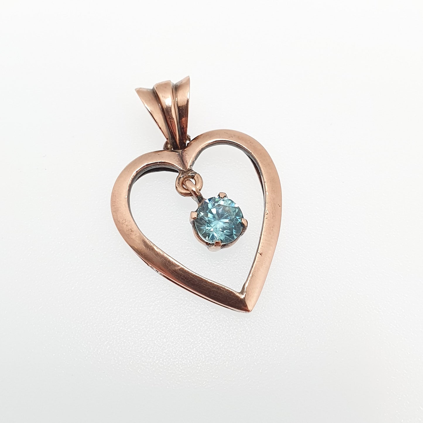 Antique 9ct 9k Rose Gold Heart Aquamarine Topaz Necklace Pendant Blue Swiss Topaz 1910s Gemstone Solid 375 Vintage Womens Jewellery Jewelry