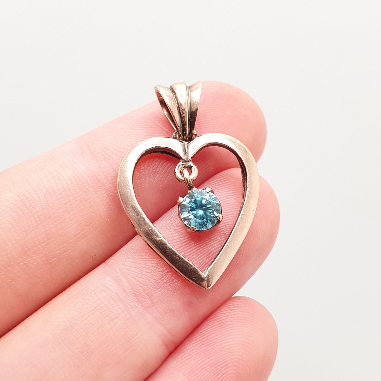 Antique 9ct 9k Rose Gold Heart Aquamarine Topaz Necklace Pendant Blue Swiss Topaz 1910s Gemstone Solid 375 Vintage Womens Jewellery Jewelry