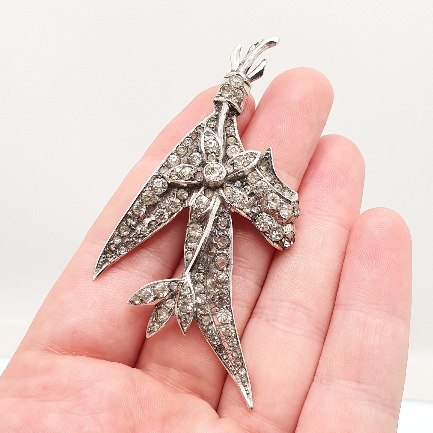 Antique Diamond Paste Solid Silver Brooch Pin Leaf Flower Art Nouveau Large Huge Big Foiled Pastes Handmade Womens Jewelry Jewellery