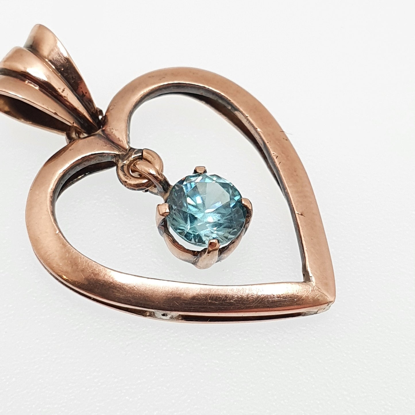 Antique 9ct 9k Rose Gold Heart Aquamarine Topaz Necklace Pendant Blue Swiss Topaz 1910s Gemstone Solid 375 Vintage Womens Jewellery Jewelry