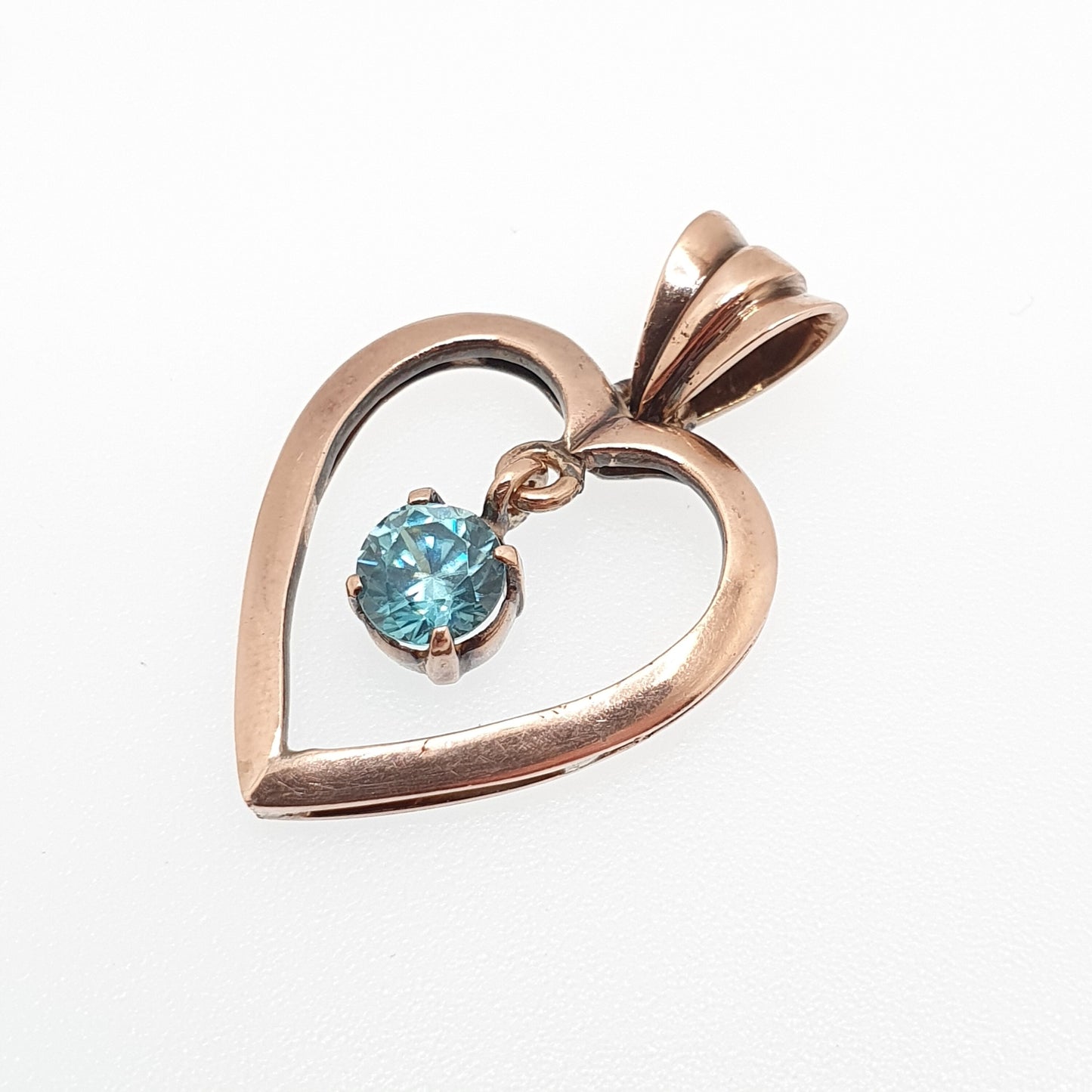 Antique 9ct 9k Rose Gold Heart Aquamarine Topaz Necklace Pendant Blue Swiss Topaz 1910s Gemstone Solid 375 Vintage Womens Jewellery Jewelry