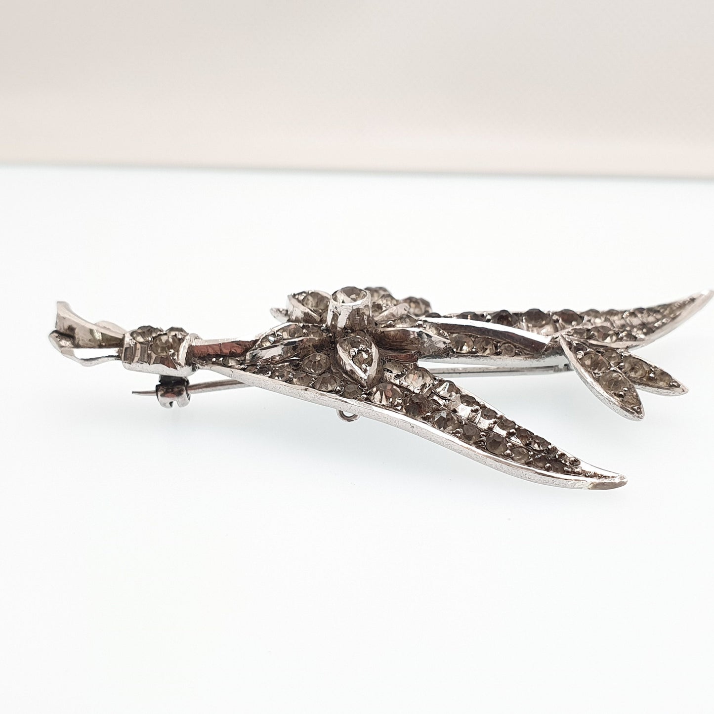 Antique Diamond Paste Solid Silver Brooch Pin Leaf Flower Art Nouveau Large Huge Big Foiled Pastes Handmade Womens Jewelry Jewellery