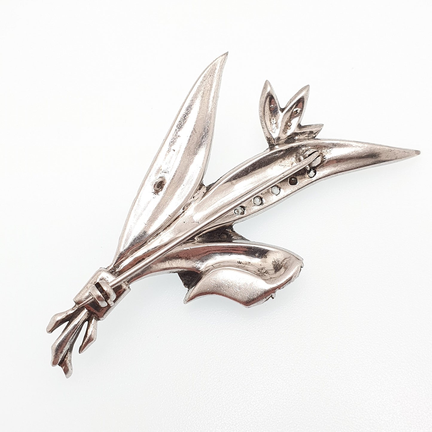 Antique Diamond Paste Solid Silver Brooch Pin Leaf Flower Art Nouveau Large Huge Big Foiled Pastes Handmade Womens Jewelry Jewellery