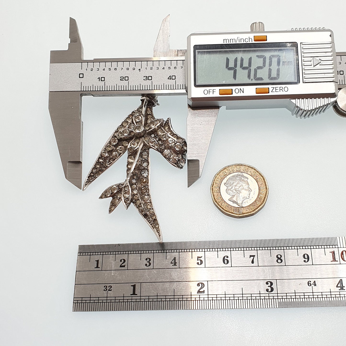 Antique Diamond Paste Solid Silver Brooch Pin Leaf Flower Art Nouveau Large Huge Big Foiled Pastes Handmade Womens Jewelry Jewellery