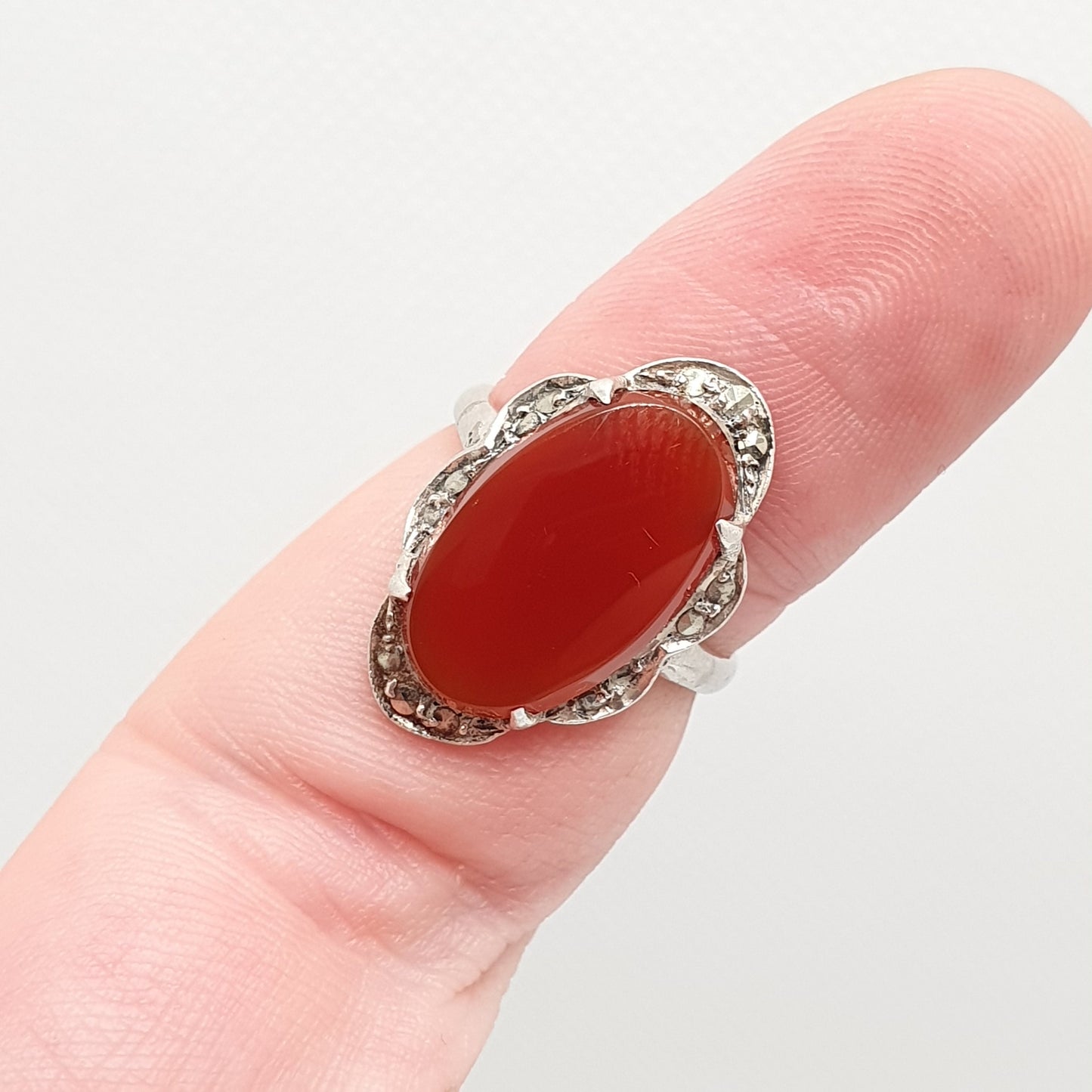 Antique Sterling Silver Carnelian Marcasite Ring Art Deco Signet Vintage 1920s Agate Chalcedony Large Big Gemstone Women Jewelry Jewellery