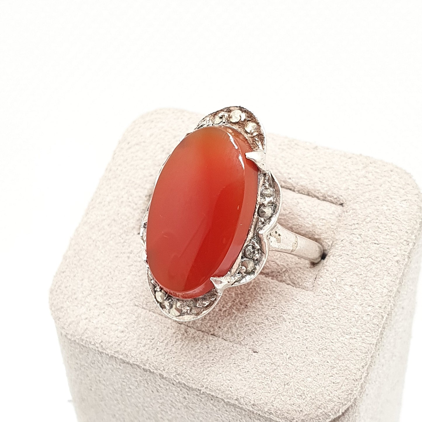 Antique Sterling Silver Carnelian Marcasite Ring Art Deco Signet Vintage 1920s Agate Chalcedony Large Big Gemstone Women Jewelry Jewellery