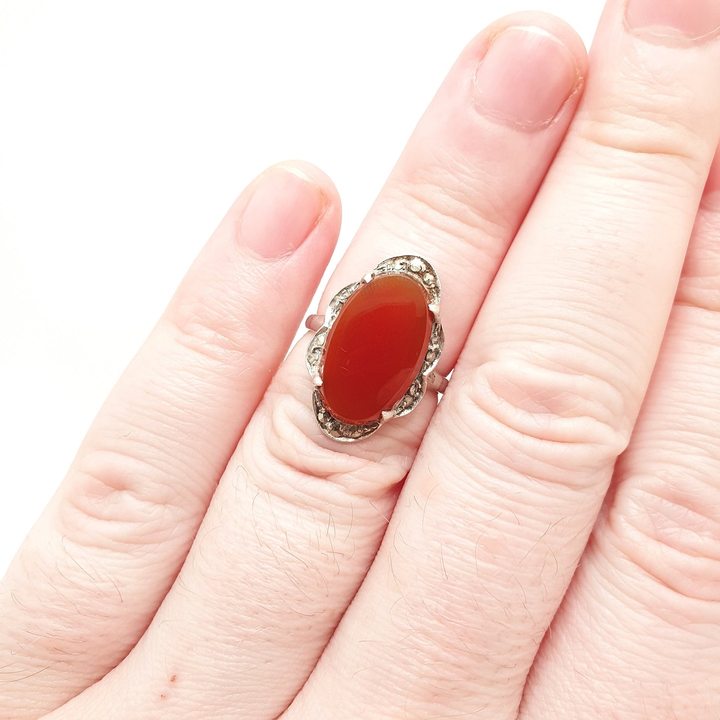 Antique Sterling Silver Carnelian Marcasite Ring Art Deco Signet Vintage 1920s Agate Chalcedony Large Big Gemstone Women Jewelry Jewellery