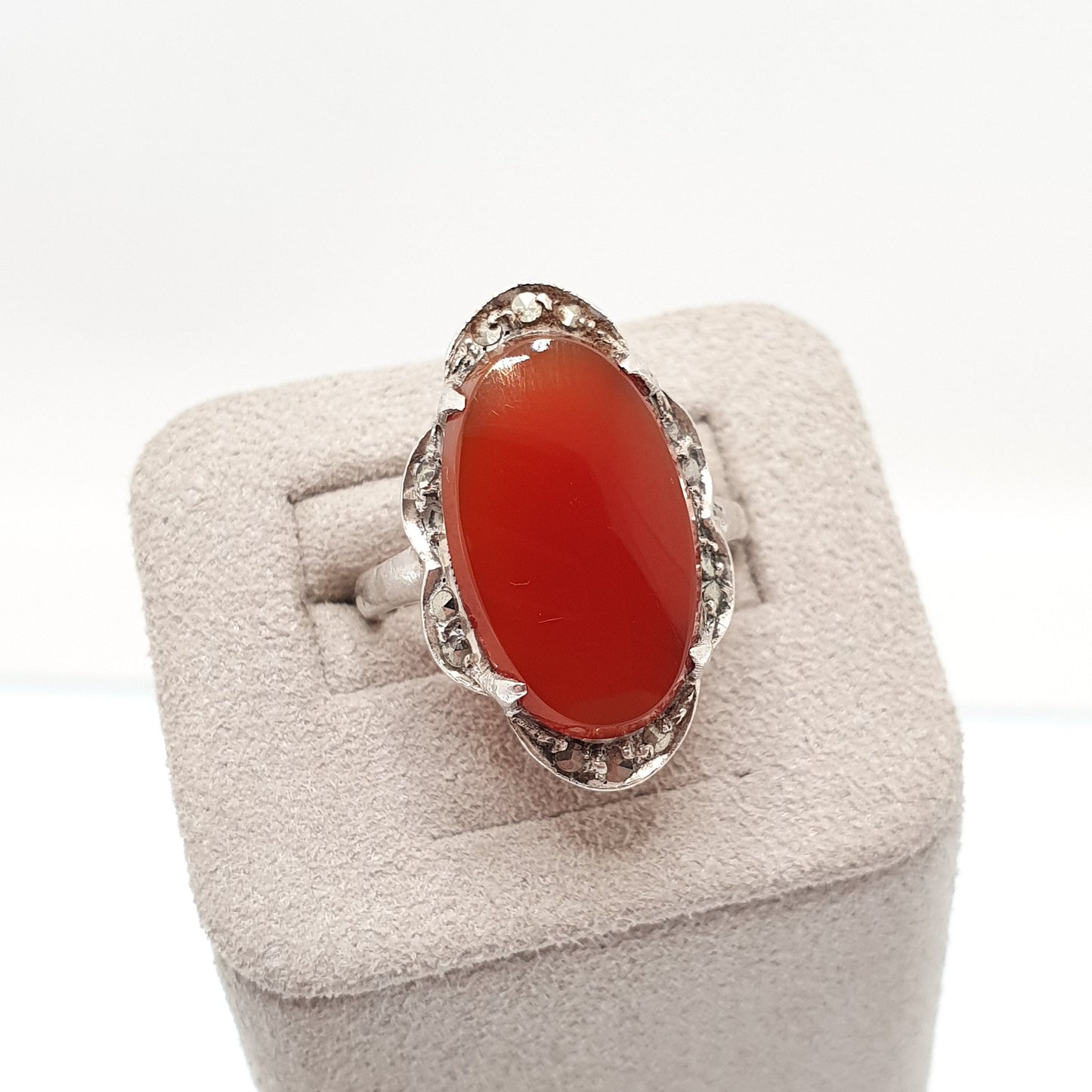Antique Sterling Silver Carnelian Marcasite Ring Art Deco Signet Vintage 1920s Agate Chalcedony Large Big Gemstone Women Jewelry Jewellery