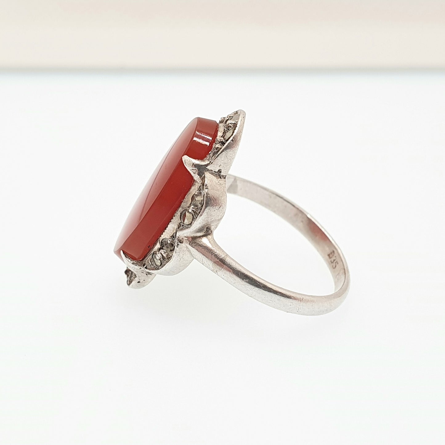 Antique Sterling Silver Carnelian Marcasite Ring Art Deco Signet Vintage 1920s Agate Chalcedony Large Big Gemstone Women Jewelry Jewellery