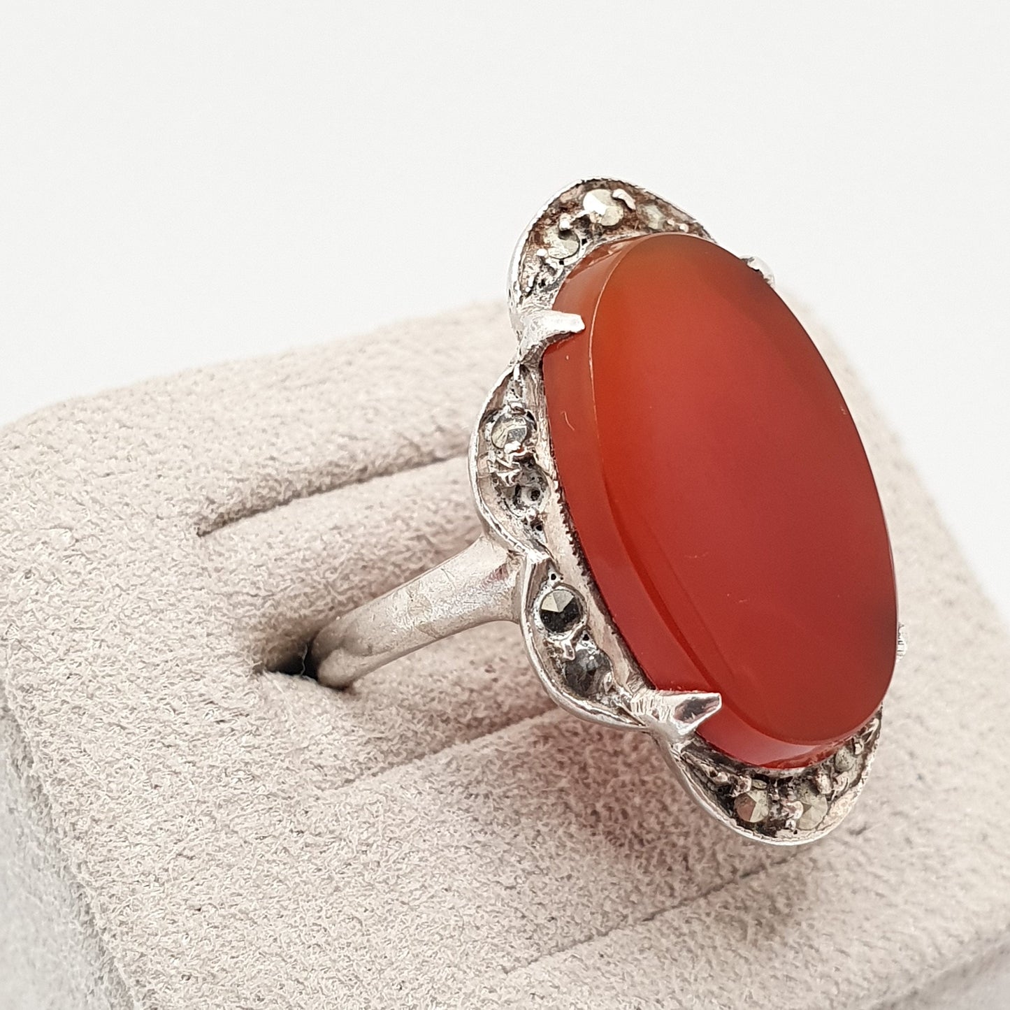 Antique Sterling Silver Carnelian Marcasite Ring Art Deco Signet Vintage 1920s Agate Chalcedony Large Big Gemstone Women Jewelry Jewellery