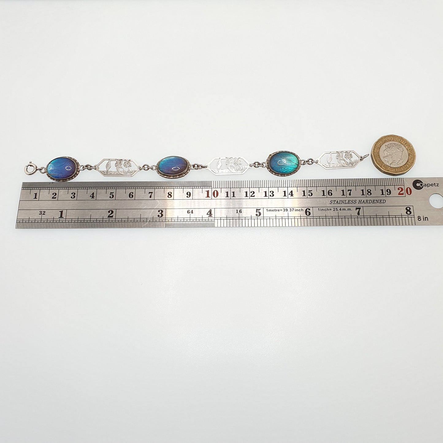 Antique Art Deco Sterling Silver Butterfly Wing Bracelet TLM Hand Blue Morpho Palm Tree Exotic Vintage Thomas Mott Artisan Womens Jewelry