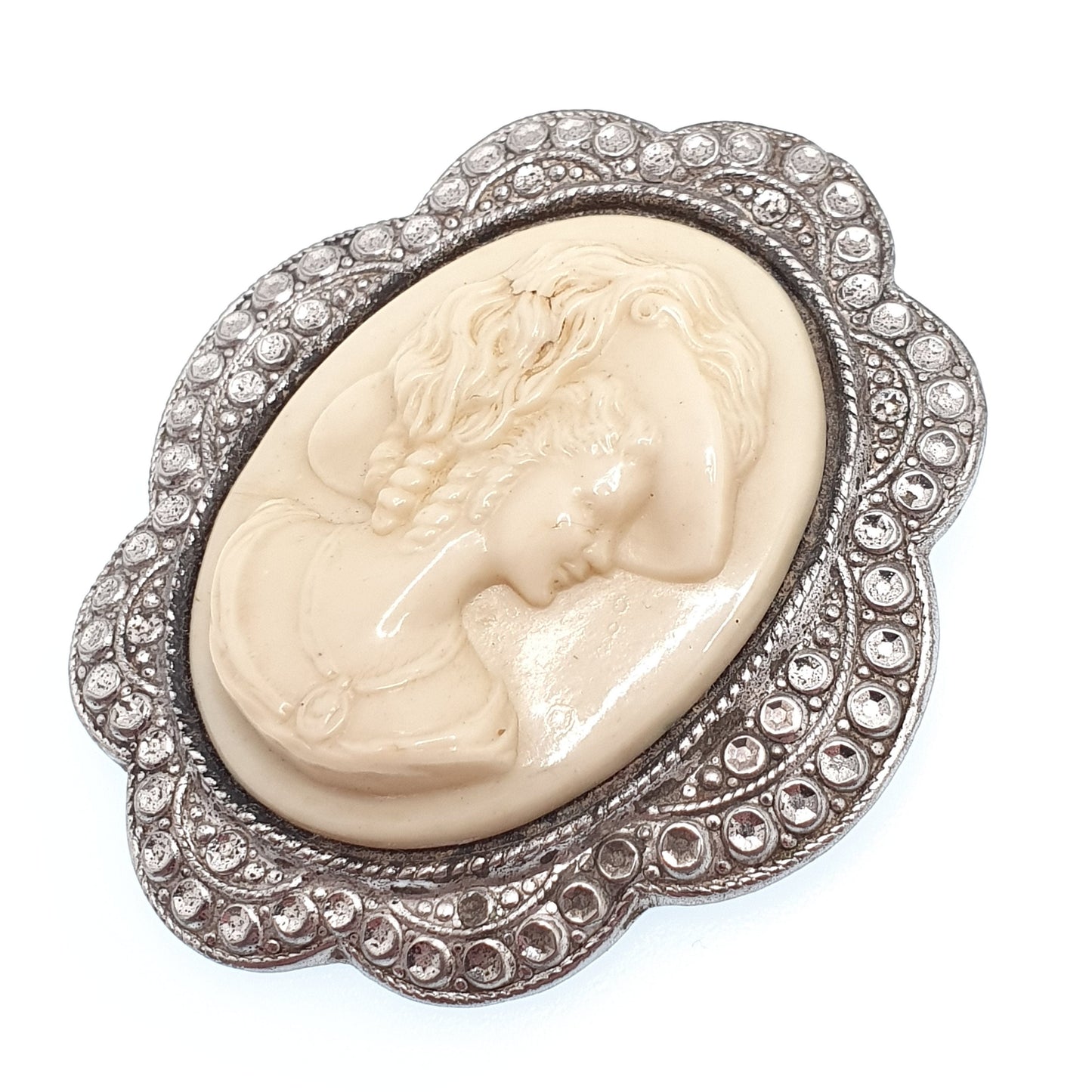 Genuine CHARLES HORNER Sterling Silver Cameo Brooch Pin Vintage Large 1948 Hallmark Faux Shell Pastry Cutter C.H Womens Jewelry Jewellery