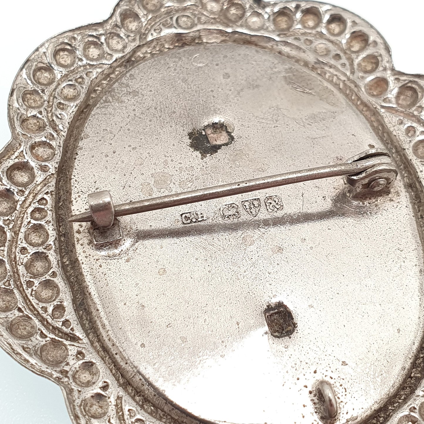 Genuine CHARLES HORNER Sterling Silver Cameo Brooch Pin Vintage Large 1948 Hallmark Faux Shell Pastry Cutter C.H Womens Jewelry Jewellery