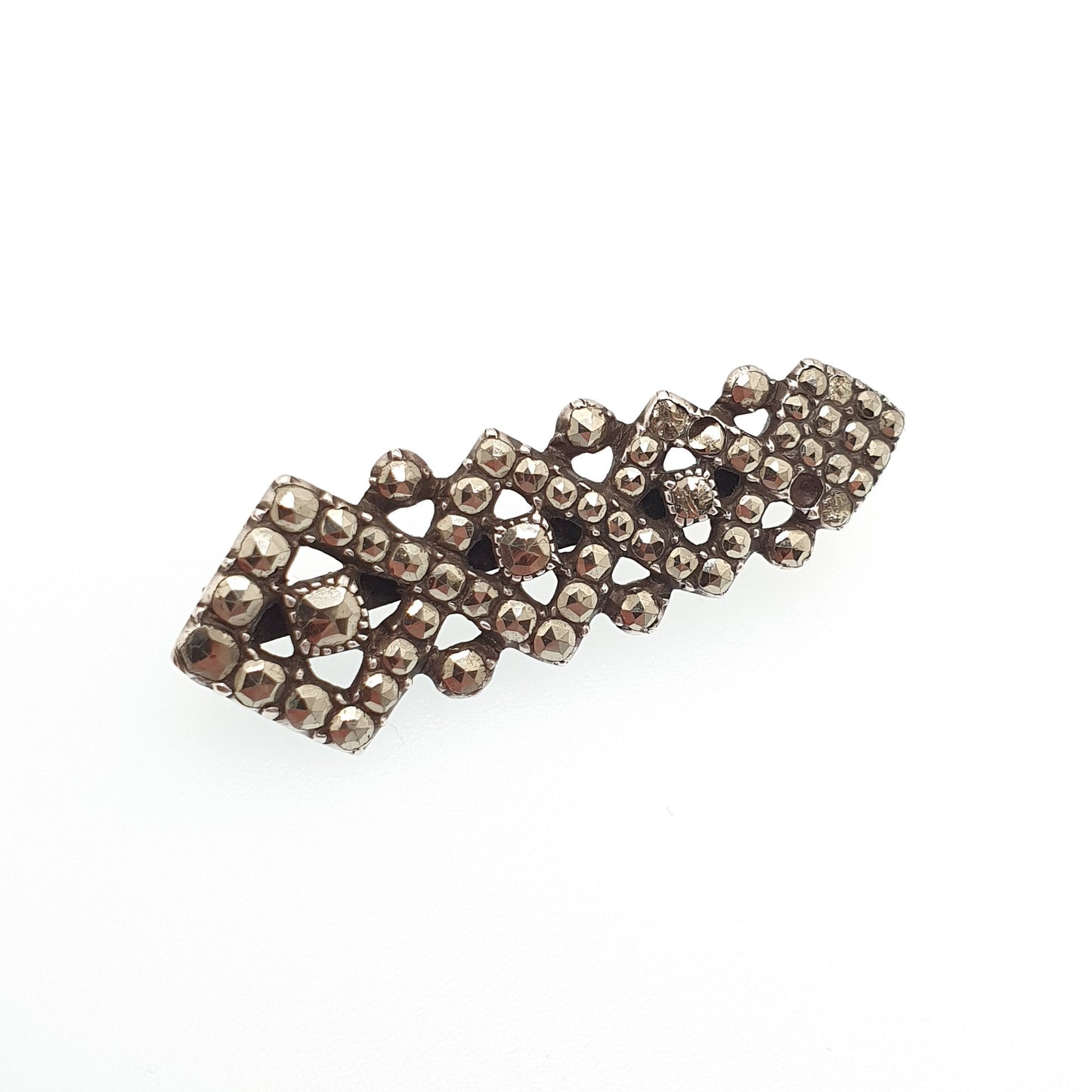 Antique Art Deco Solid Silver Brooch Marcasite Geometric Tilted Square 1920s Sparkly Vintage Gemstone Womens Ladies Jewelry Jewellery