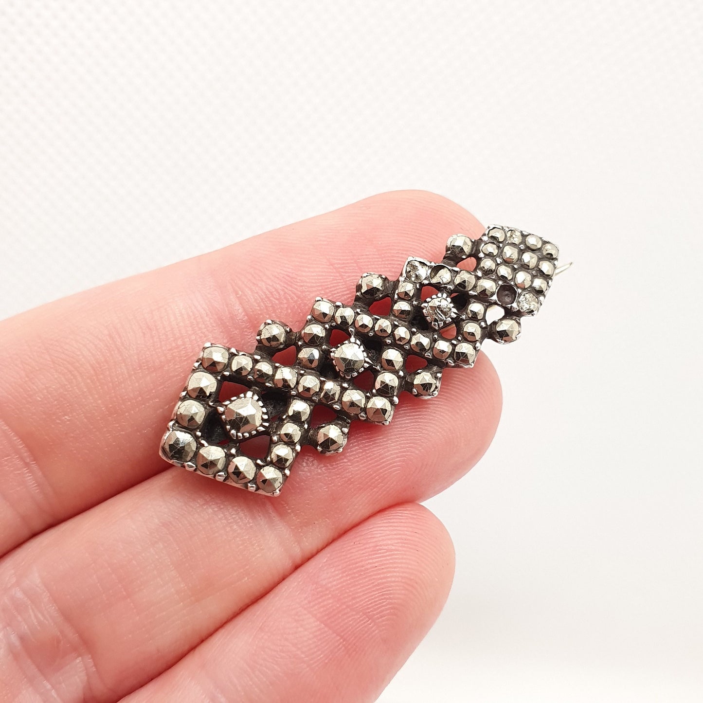 Antique Art Deco Solid Silver Brooch Marcasite Geometric Tilted Square 1920s Sparkly Vintage Gemstone Womens Ladies Jewelry Jewellery