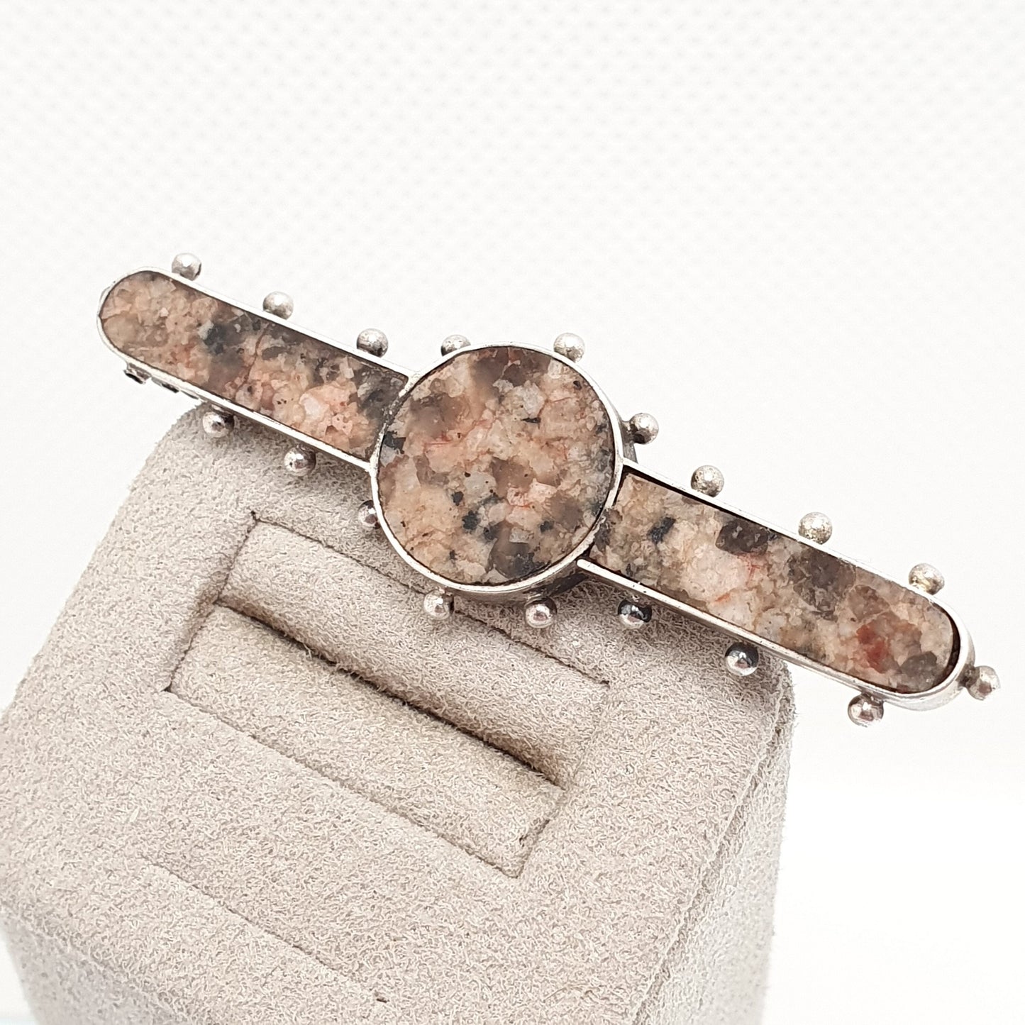 Antique Victorian Sterling Silver Pink Aberdeen Granite Brooch Pin Scottish Beaded Border Vintage 1800s Celtic Womens Jewelry Jewellery