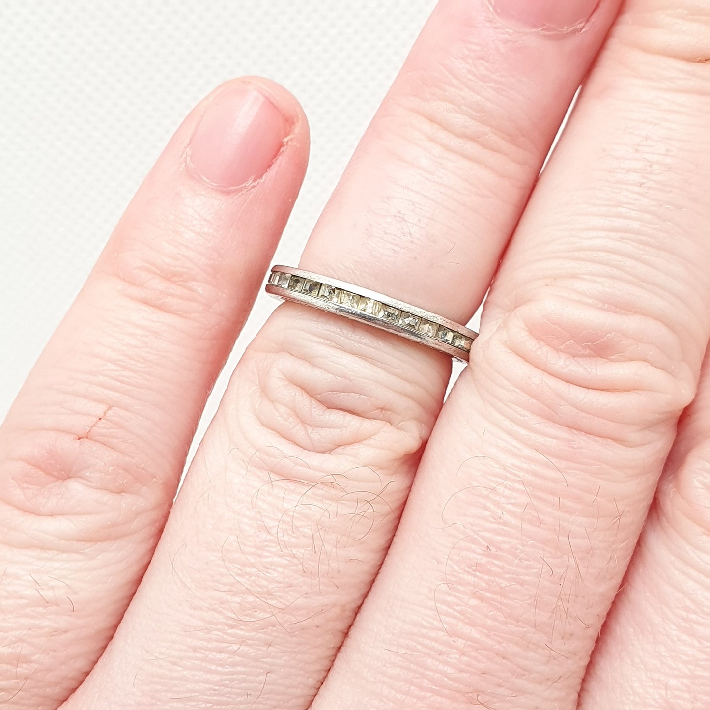 Antique Art Deco Sterling Silver Diamond Paste Eternity Ring 1920s Full Channel Sparkly White Vintage Ladies Womens Jewelry Jewellery