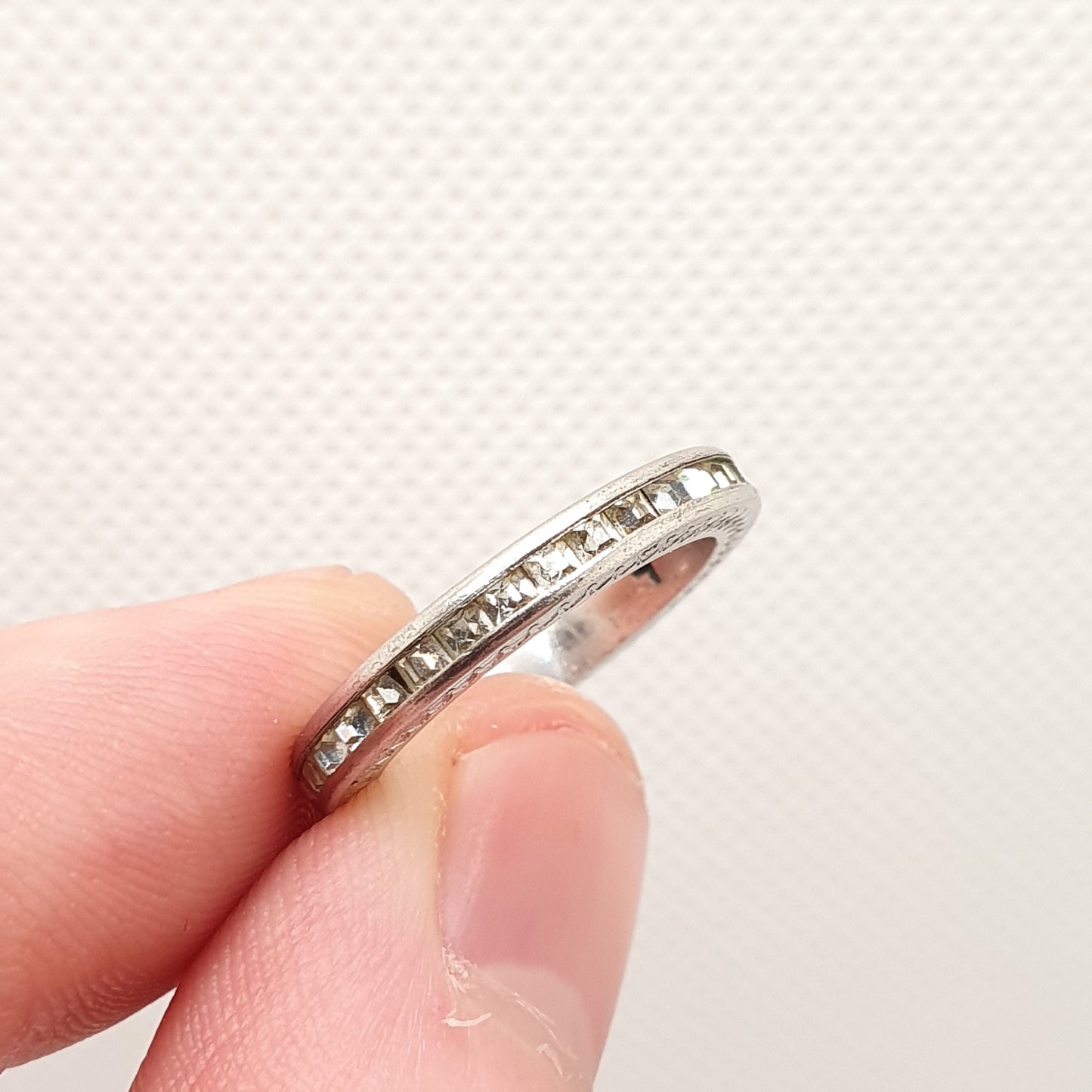 Antique Art Deco Sterling Silver Diamond Paste Eternity Ring 1920s Full Channel Sparkly White Vintage Ladies Womens Jewelry Jewellery