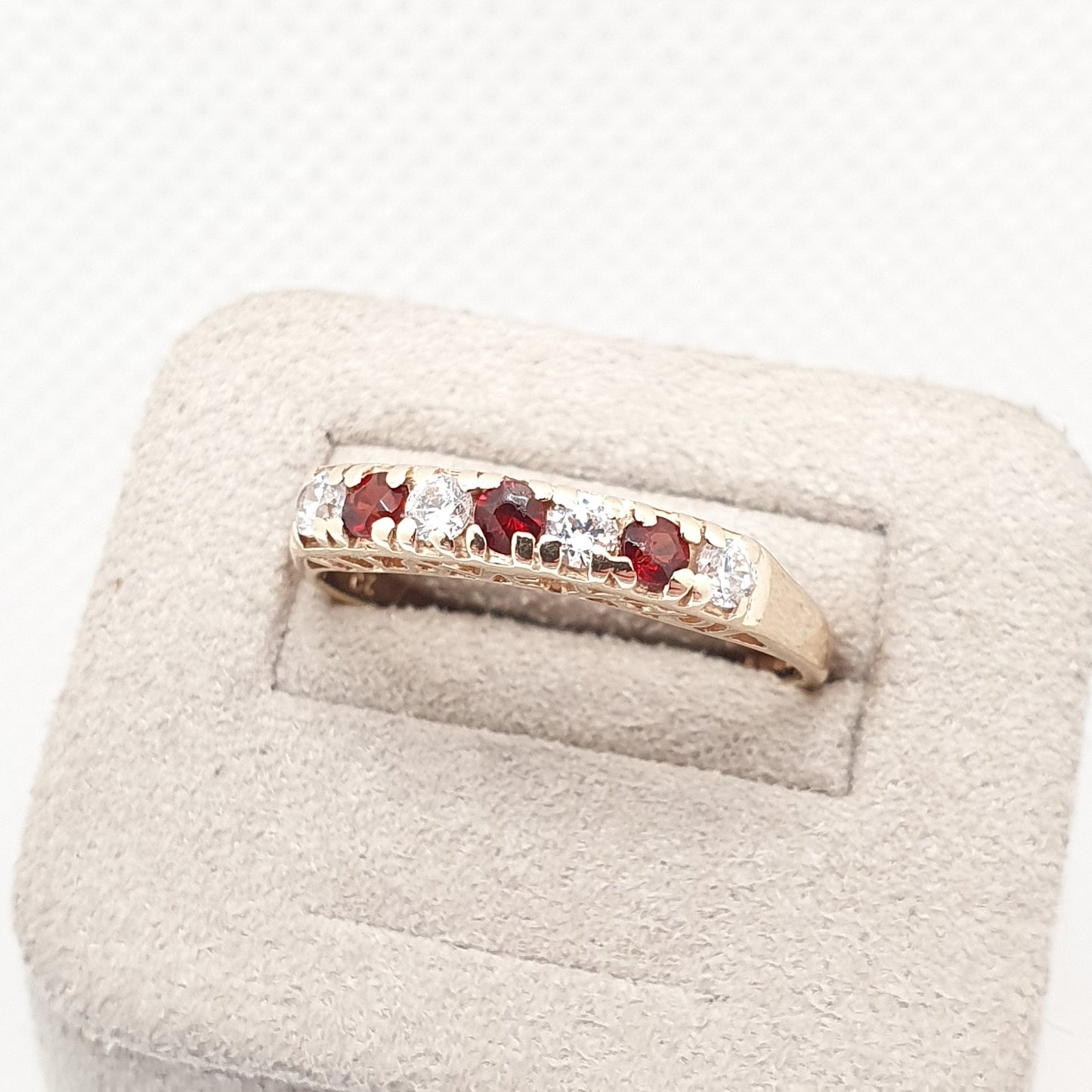 Vintage 9ct Gold Garnet Ring "I LOVE YOU" Half Eternity CZ Solid 9k 375 Yellow Sparkly Pyrope Gemstone Stacker Womens Jewelry Jewellery