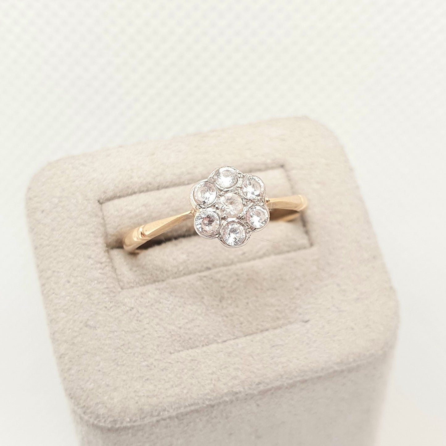 Antique 18ct 18k Gold CZ White Spinel Ring Art Deco Cluster Platinum Flower Diamond Style 1920s Womens Solid 750 Vintage Jewelry Jewellery