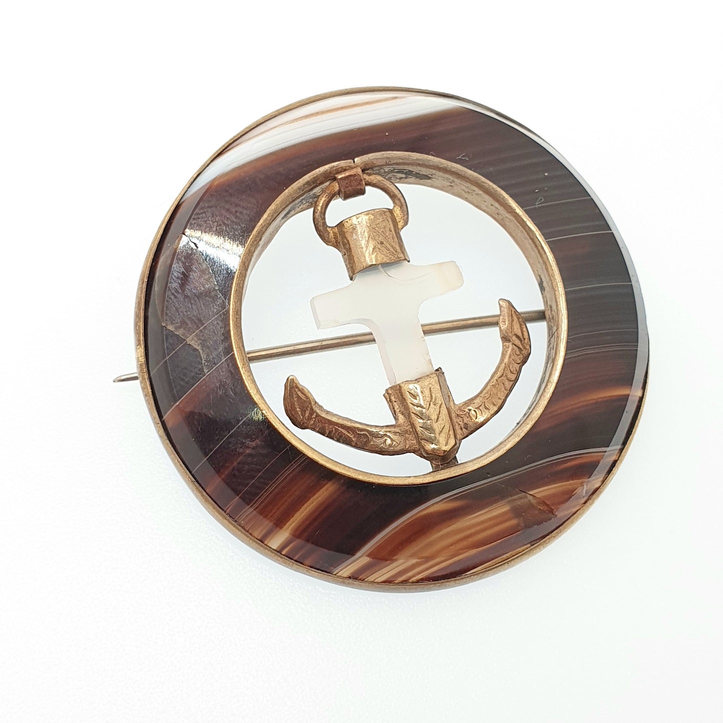 Antique Victorian Anchor Brooch Pin Banded Striped Agate Rolled Gold Hope Sailing 1800s Genuine Gemstone Vintage Womens Jewelry Jewellery