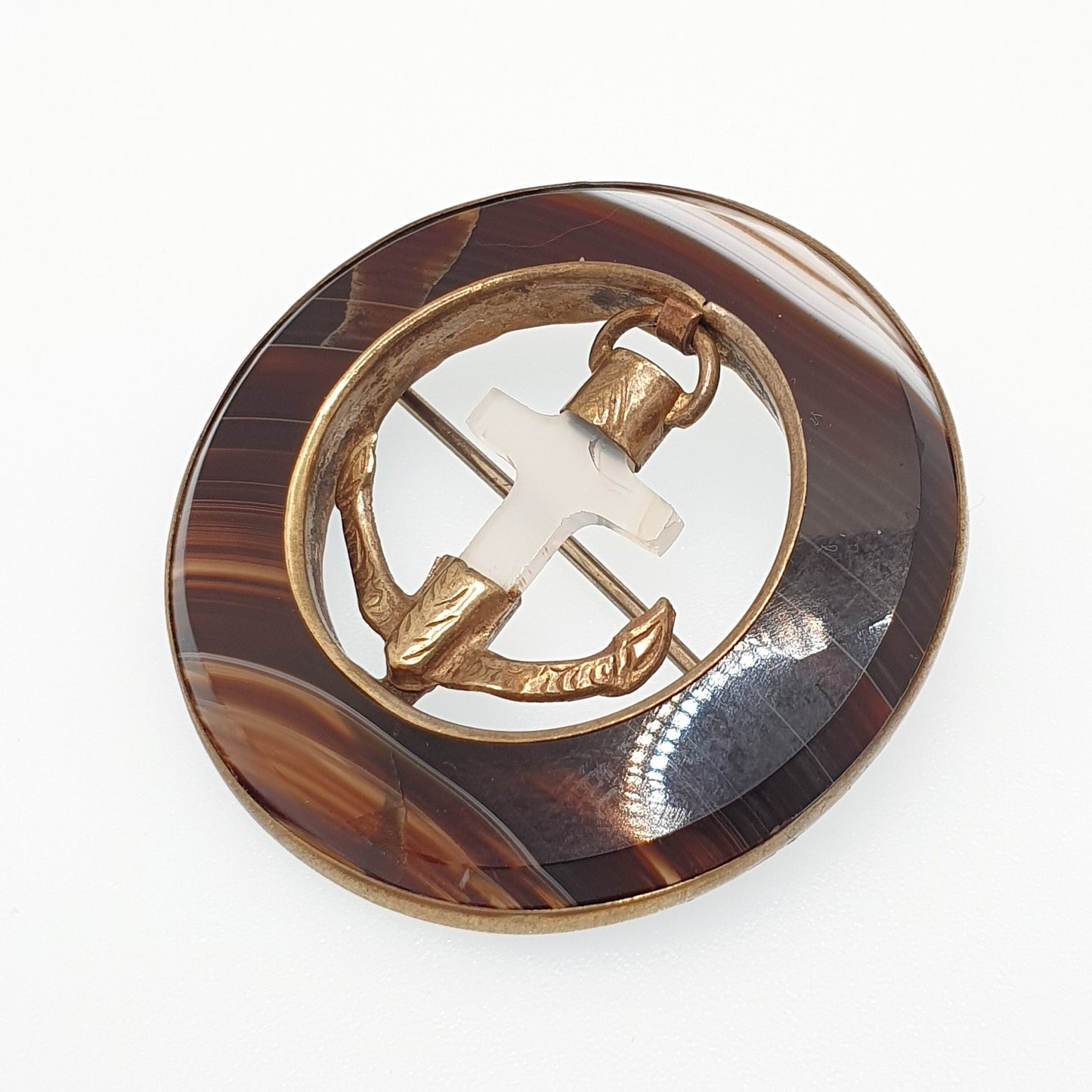 Antique Victorian Anchor Brooch Pin Banded Striped Agate Rolled Gold Hope Sailing 1800s Genuine Gemstone Vintage Womens Jewelry Jewellery