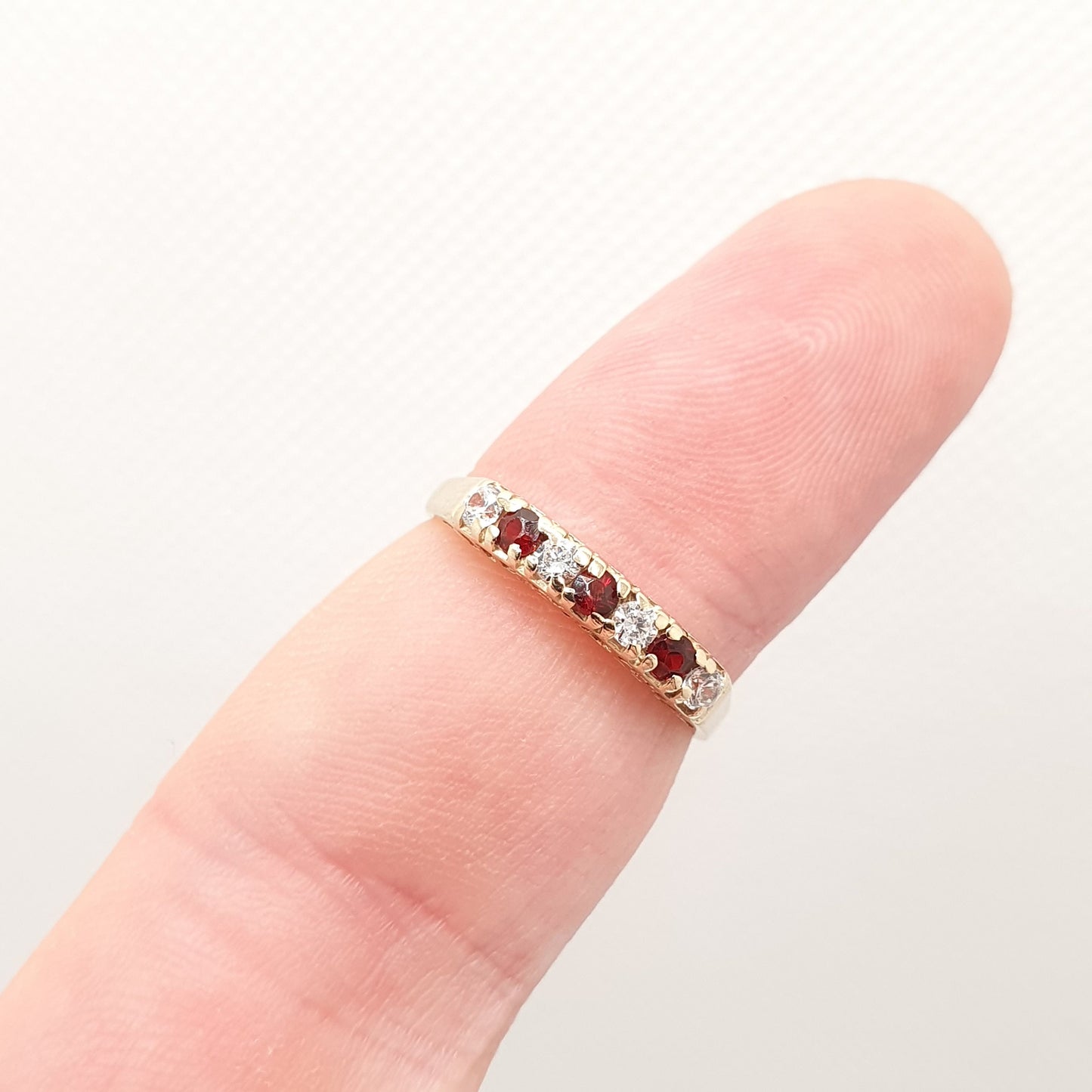 Vintage 9ct Gold Garnet Ring "I LOVE YOU" Half Eternity CZ Solid 9k 375 Yellow Sparkly Pyrope Gemstone Stacker Womens Jewelry Jewellery
