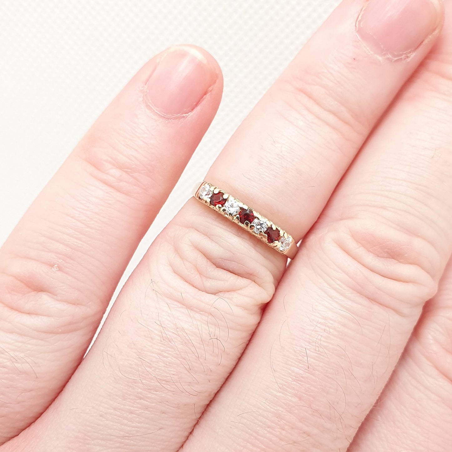 Vintage 9ct Gold Garnet Ring "I LOVE YOU" Half Eternity CZ Solid 9k 375 Yellow Sparkly Pyrope Gemstone Stacker Womens Jewelry Jewellery