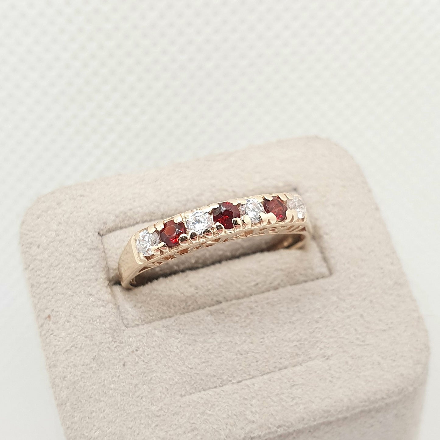 Vintage 9ct Gold Garnet Ring "I LOVE YOU" Half Eternity CZ Solid 9k 375 Yellow Sparkly Pyrope Gemstone Stacker Womens Jewelry Jewellery