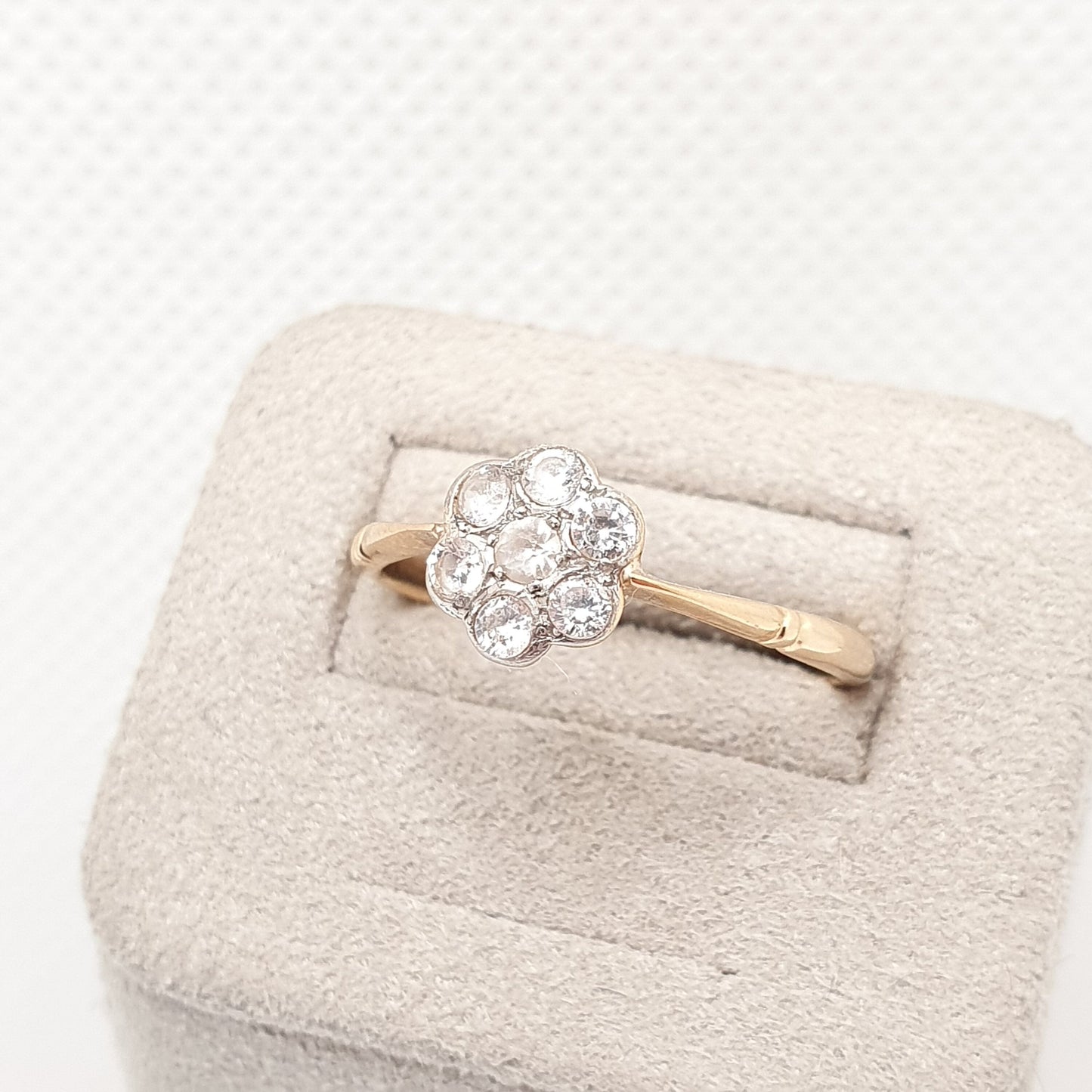Antique 18ct 18k Gold CZ White Spinel Ring Art Deco Cluster Platinum Flower Diamond Style 1920s Womens Solid 750 Vintage Jewelry Jewellery