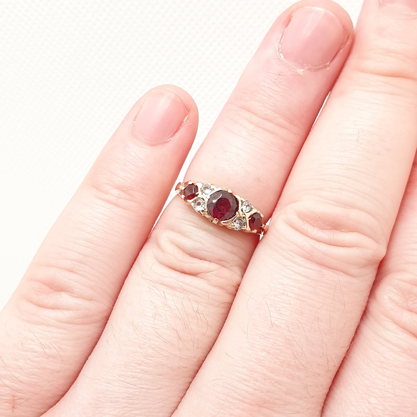 Vintage 9ct Gold Garnet Gypsy Ring White Spinel Solid 9k 375 Yellow Sparkly Pyrope Gemstone Stacker Womens Jewelry Jewellery