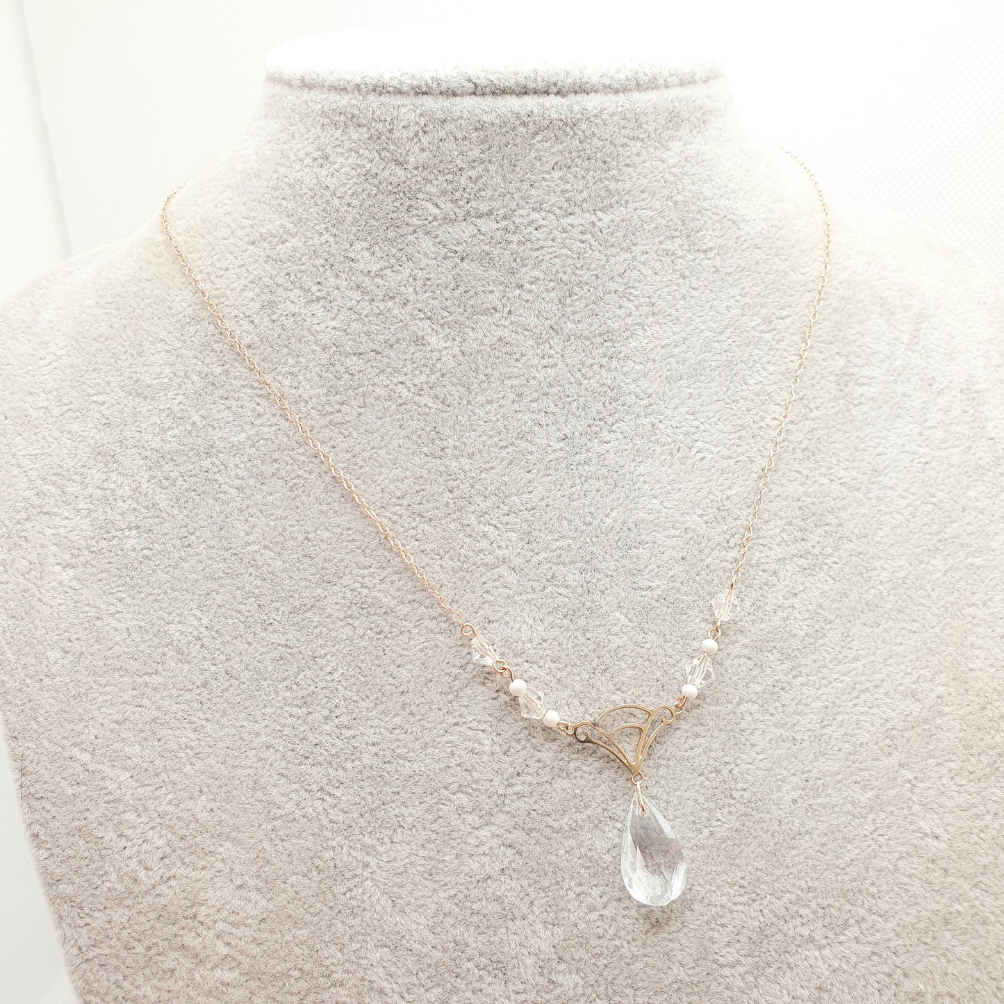 Antique 9ct Gold Art Deco Necklace Y Pendant Rock Crystal Paste Cut Glass Solid 9k 375 V Pear Cut 1920s Womens Vintage Jewelry Jewellery