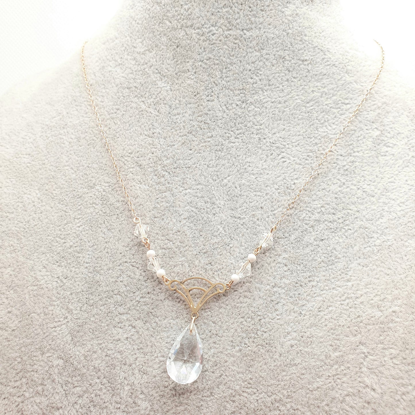 Antique 9ct Gold Art Deco Necklace Y Pendant Rock Crystal Paste Cut Glass Solid 9k 375 V Pear Cut 1920s Womens Vintage Jewelry Jewellery