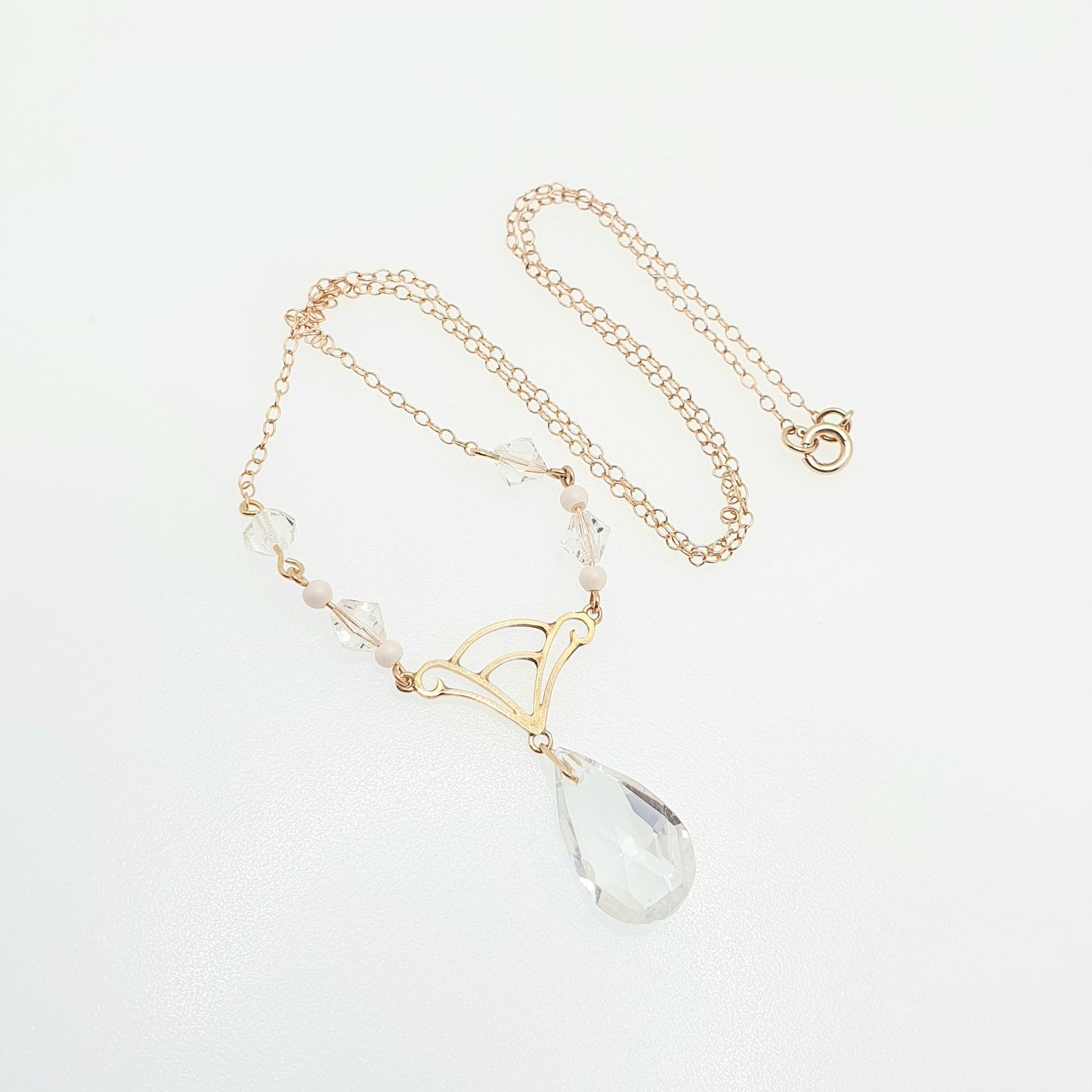 Antique 9ct Gold Art Deco Necklace Y Pendant Rock Crystal Paste Cut Glass Solid 9k 375 V Pear Cut 1920s Womens Vintage Jewelry Jewellery