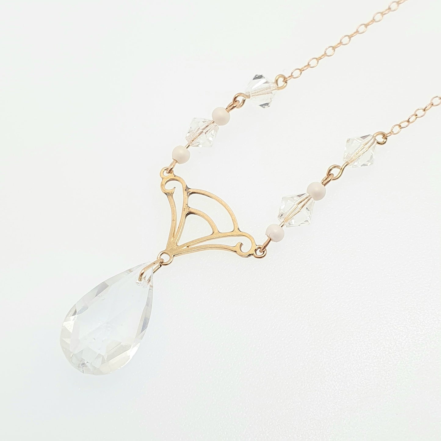 Antique 9ct Gold Art Deco Necklace Y Pendant Rock Crystal Paste Cut Glass Solid 9k 375 V Pear Cut 1920s Womens Vintage Jewelry Jewellery