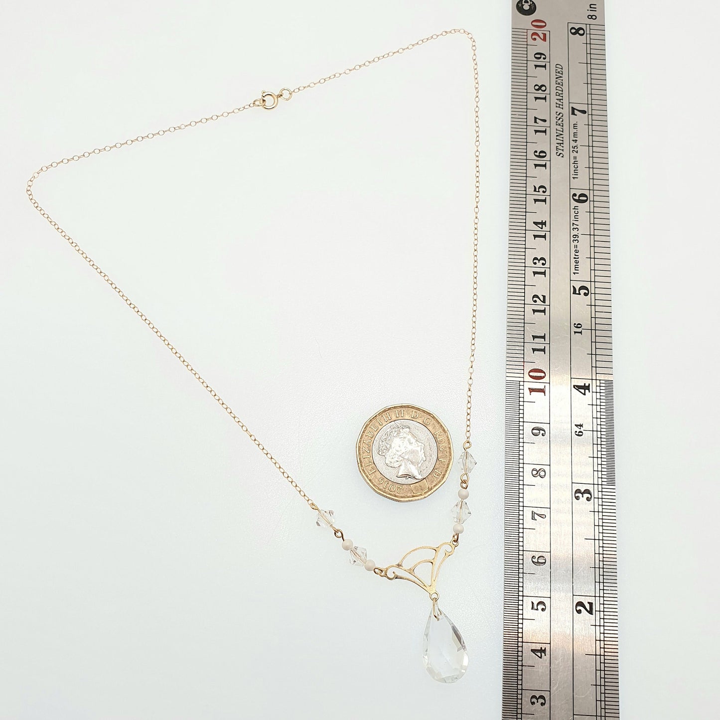 Antique 9ct Gold Art Deco Necklace Y Pendant Rock Crystal Paste Cut Glass Solid 9k 375 V Pear Cut 1920s Womens Vintage Jewelry Jewellery