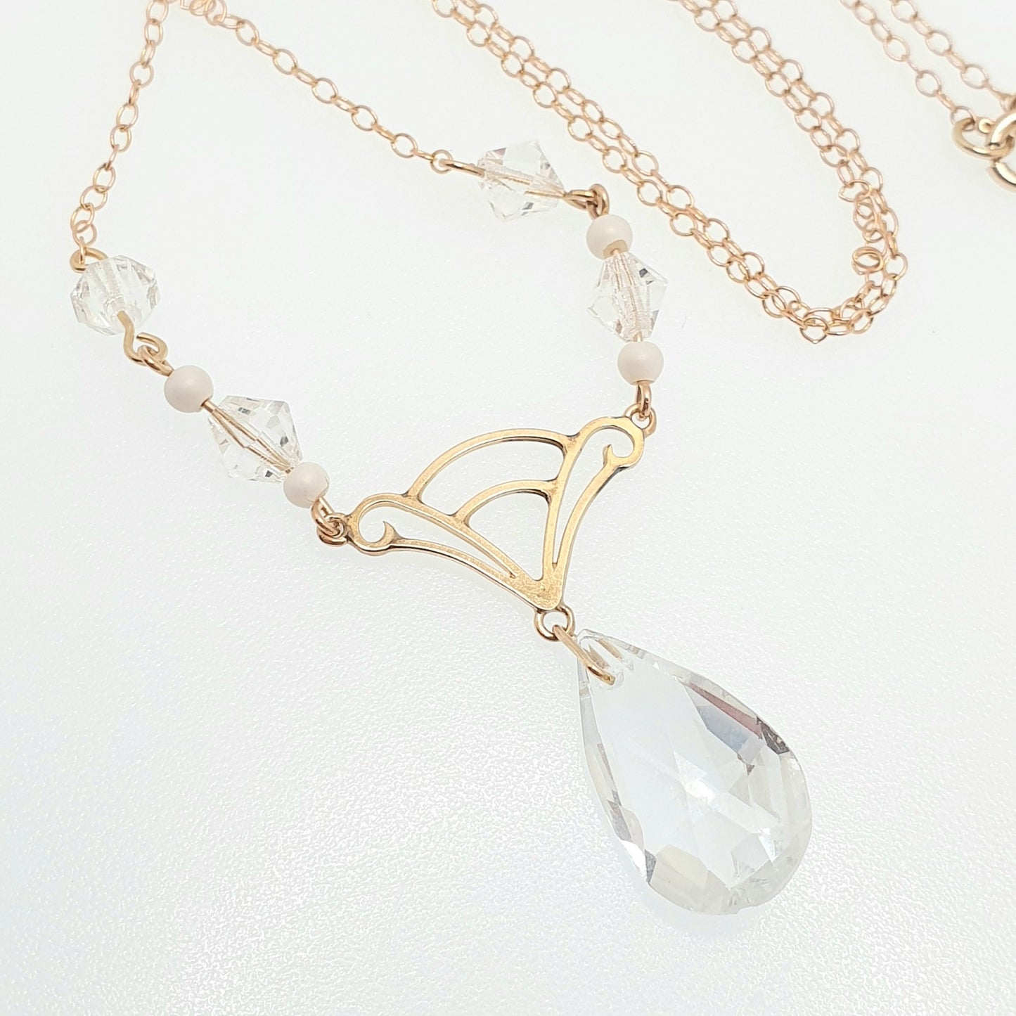 Antique 9ct Gold Art Deco Necklace Y Pendant Rock Crystal Paste Cut Glass Solid 9k 375 V Pear Cut 1920s Womens Vintage Jewelry Jewellery
