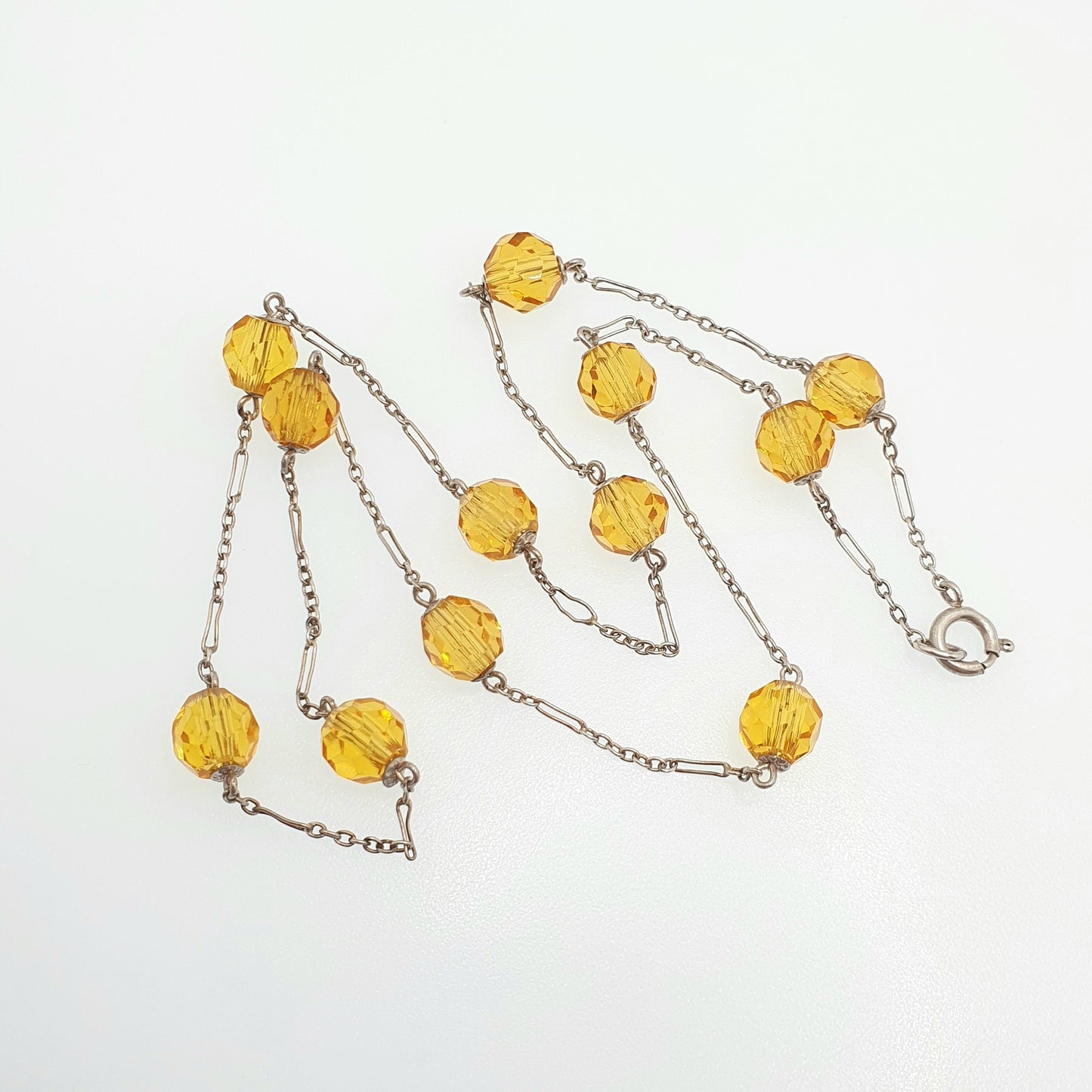 Antique Solid Silver Citrine Paste Bead Necklace Art Deco Faceted 50cm 19.7" 11.93g Genuine 1920s Cut Glass Pendant Sparkly Womens Vintage
