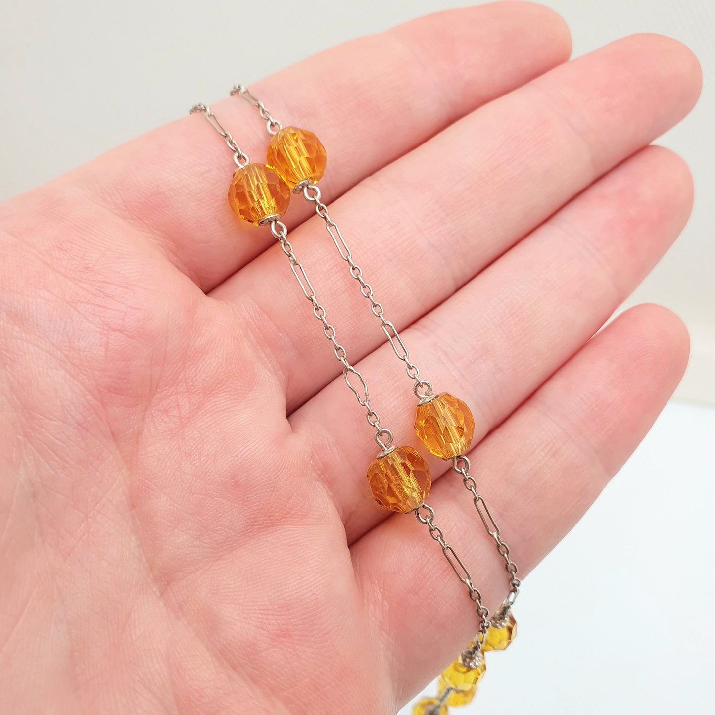 Antique Solid Silver Citrine Paste Bead Necklace Art Deco Faceted 50cm 19.7" 11.93g Genuine 1920s Cut Glass Pendant Sparkly Womens Vintage