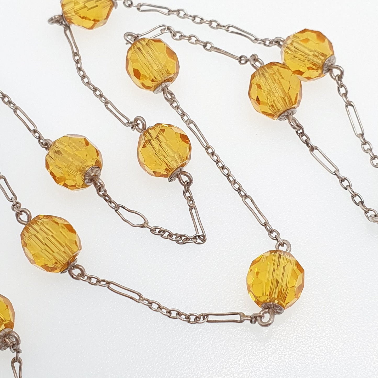 Antique Solid Silver Citrine Paste Bead Necklace Art Deco Faceted 50cm 19.7" 11.93g Genuine 1920s Cut Glass Pendant Sparkly Womens Vintage