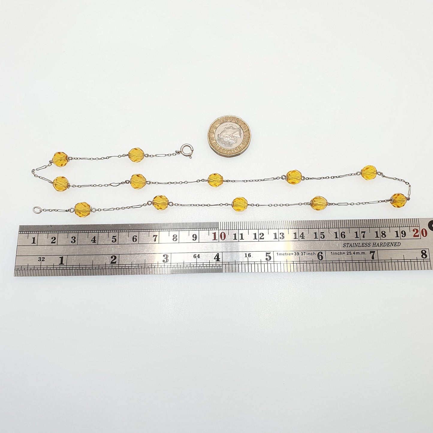 Antique Solid Silver Citrine Paste Bead Necklace Art Deco Faceted 50cm 19.7" 11.93g Genuine 1920s Cut Glass Pendant Sparkly Womens Vintage