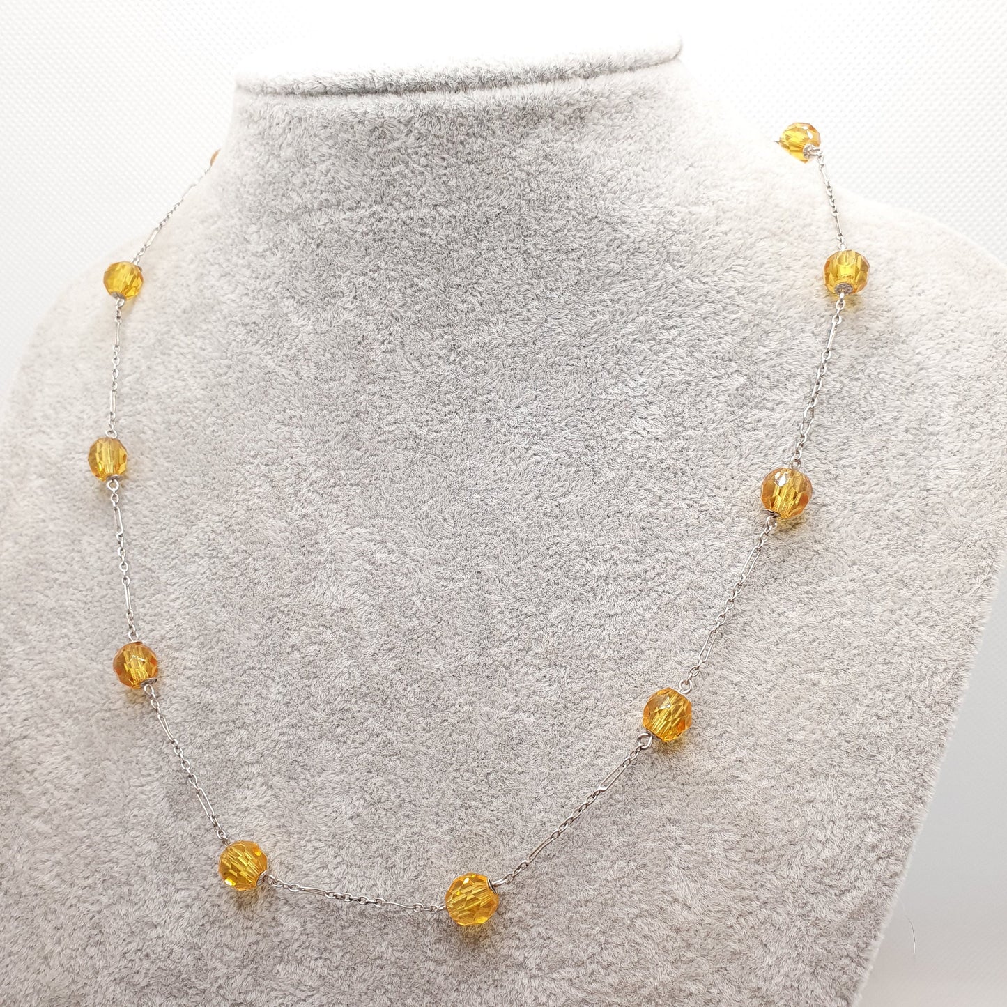 Antique Solid Silver Citrine Paste Bead Necklace Art Deco Faceted 50cm 19.7" 11.93g Genuine 1920s Cut Glass Pendant Sparkly Womens Vintage