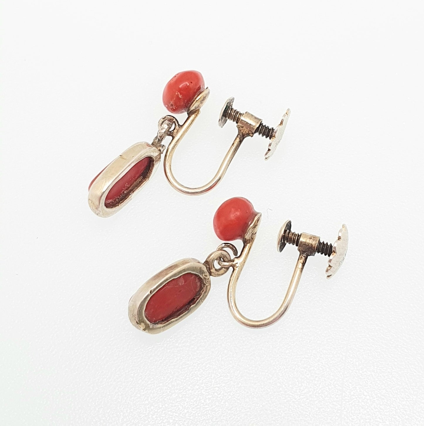 Antique Coral Solid Silver Earrings Hook Dangle Edwardian Dangling 1800s Genuine Italian Italy Vintage Womens Jewelry Jewellery