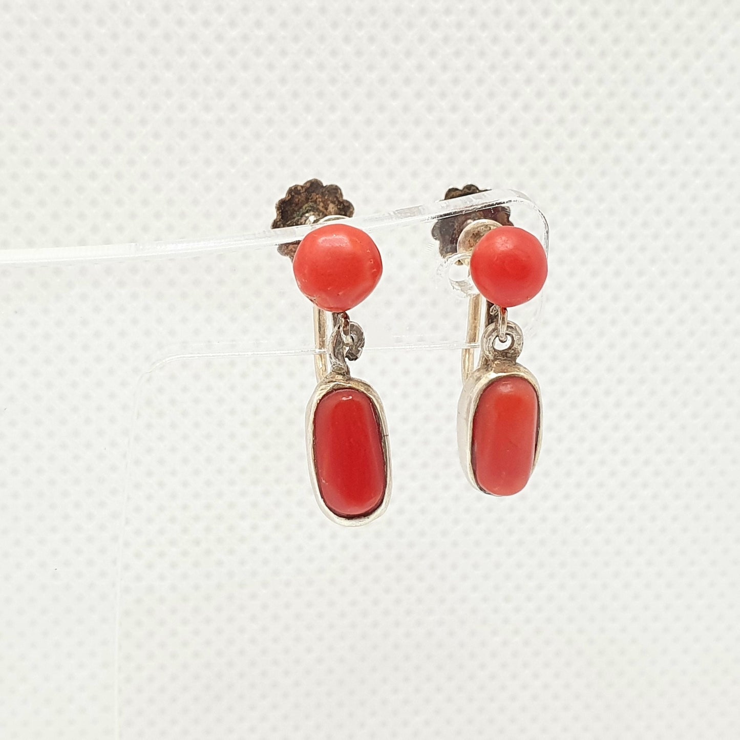 Antique Coral Solid Silver Earrings Hook Dangle Edwardian Dangling 1800s Genuine Italian Italy Vintage Womens Jewelry Jewellery