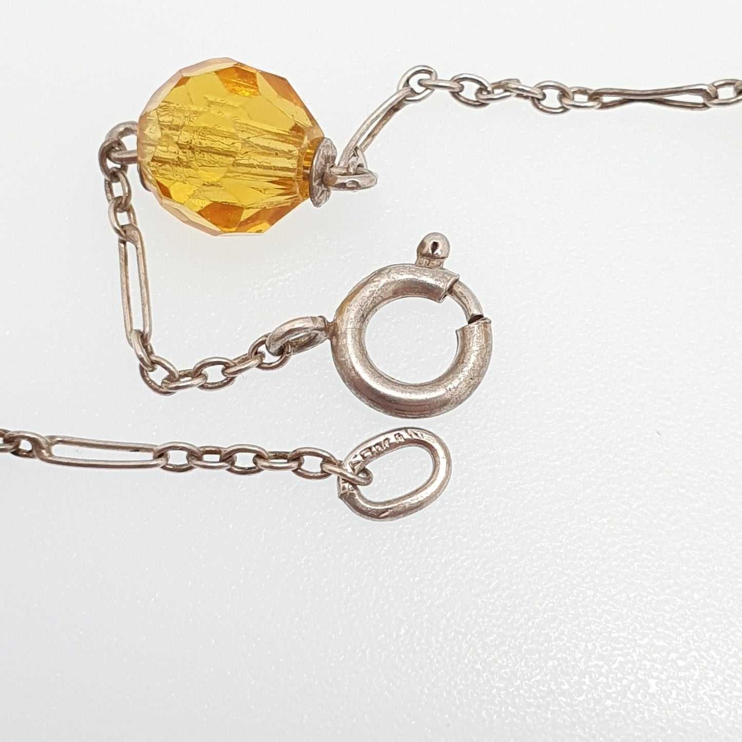 Antique Solid Silver Citrine Paste Bead Necklace Art Deco Faceted 50cm 19.7" 11.93g Genuine 1920s Cut Glass Pendant Sparkly Womens Vintage