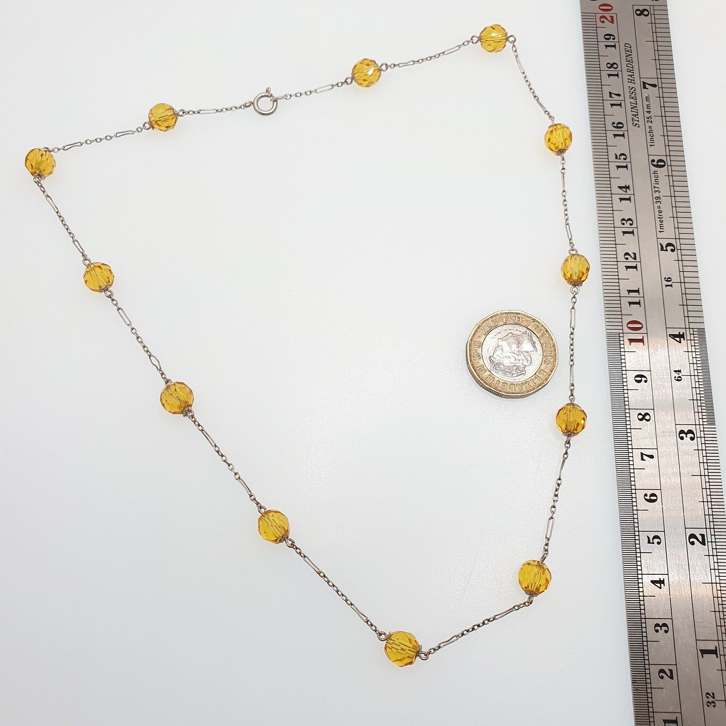 Antique Solid Silver Citrine Paste Bead Necklace Art Deco Faceted 50cm 19.7" 11.93g Genuine 1920s Cut Glass Pendant Sparkly Womens Vintage