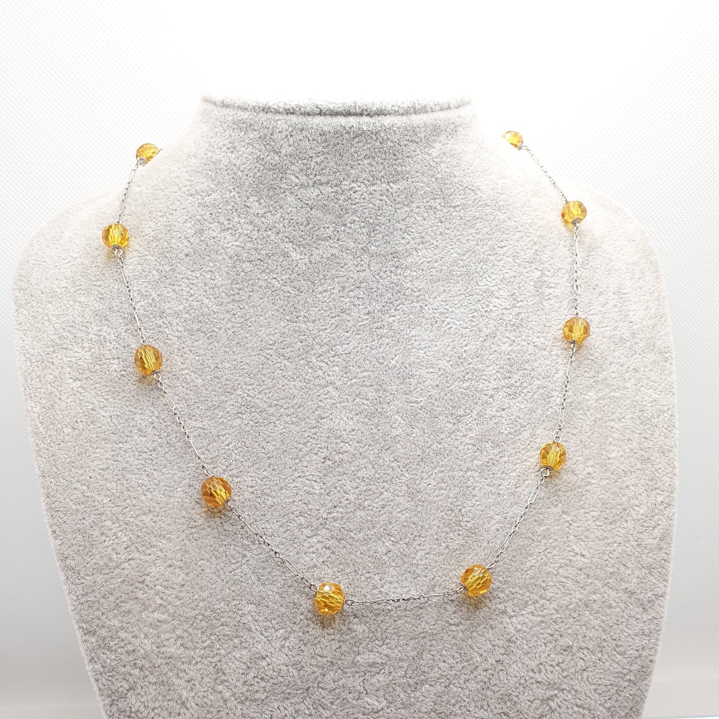 Antique Solid Silver Citrine Paste Bead Necklace Art Deco Faceted 50cm 19.7" 11.93g Genuine 1920s Cut Glass Pendant Sparkly Womens Vintage