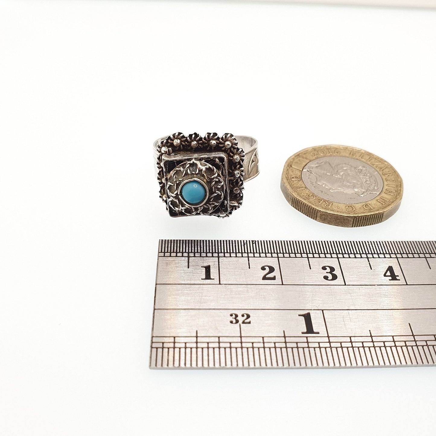 Vintage Sterling Silver Locket Ring Poison Signet Egyptian Faux Turquoise Filigree Opening Secret Compartment Square Jewelry Jewellery